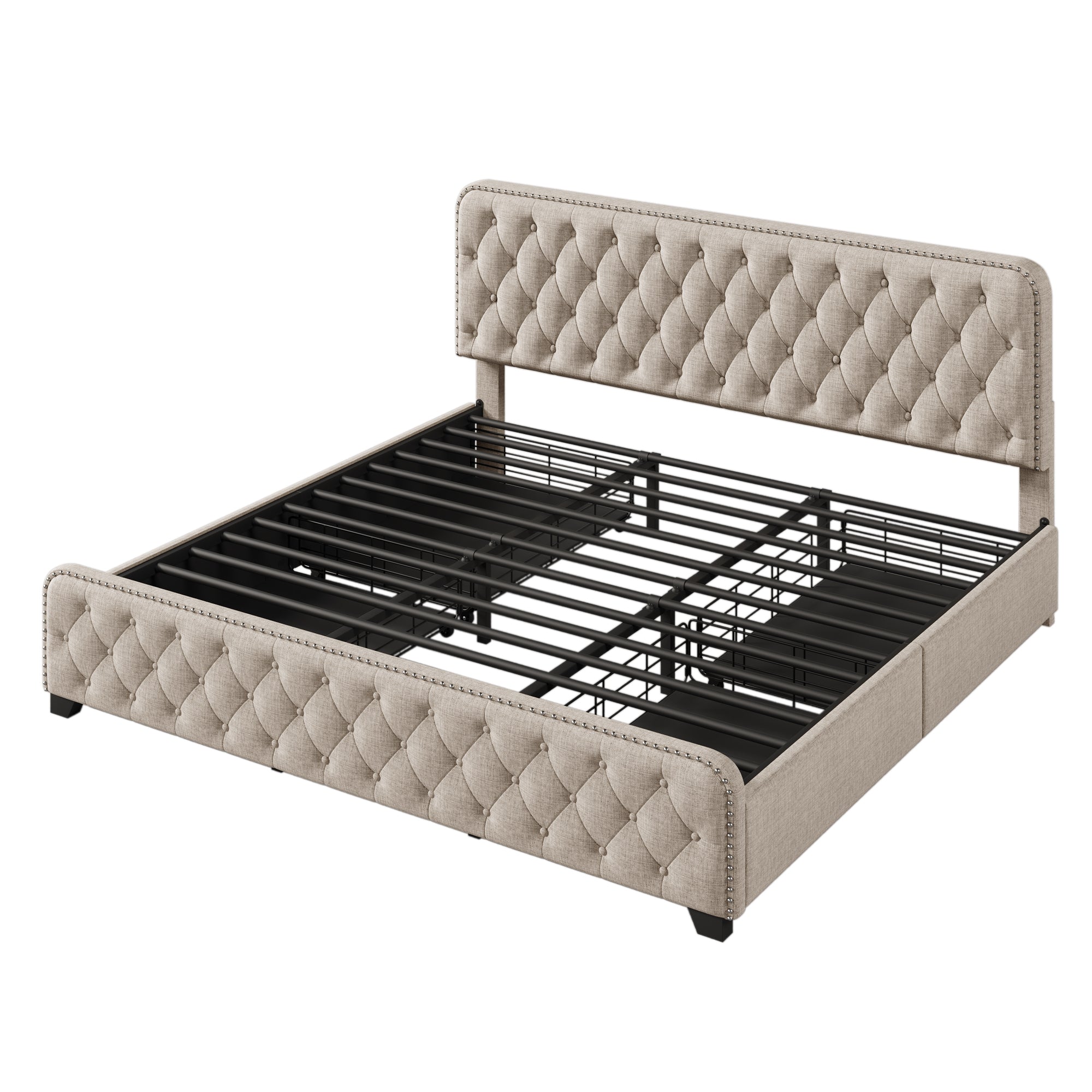 Upholstered Platform Bed Frame with Four Drawers, Button Tufted Headboard and Footboard Sturdy Metal Support, No Box Spring Required, Beige, King (Old sku:BS300277AAA) - Atlantic Fine Furniture Melbourne FL