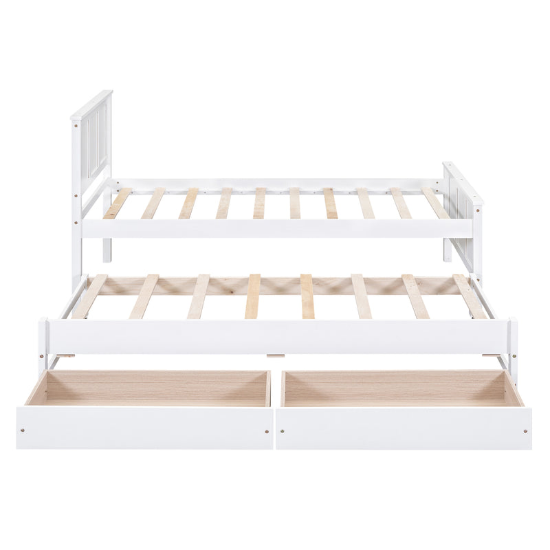 Twin Size Platform Bed with Trundle and Drawers, White