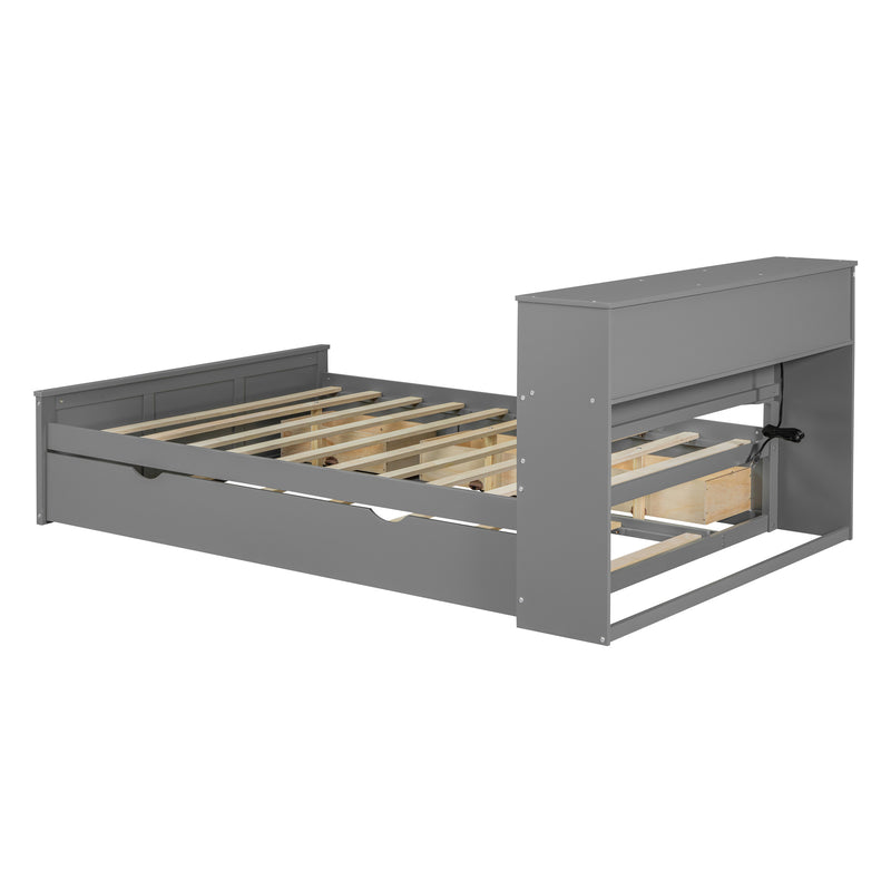 Full Size Wood Pltaform Bed with win Size Trundle, 3 Drawers, Upper Shelves and a set of USB Ports & Sockets, Gray