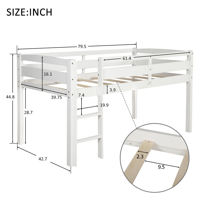 Twin Wood Loft Bed Low Loft Beds with Ladder,Twin,White(OLD SKU :WF192082AAK)