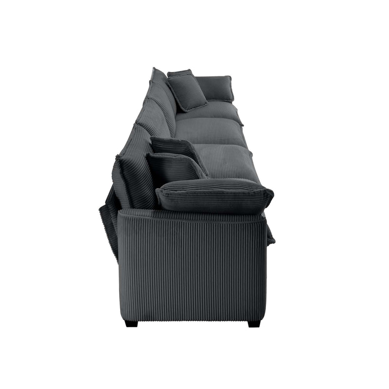 Modern Upholstered 4 Seater Corduroy Fabric Sofa With Arm And Throw Pillows