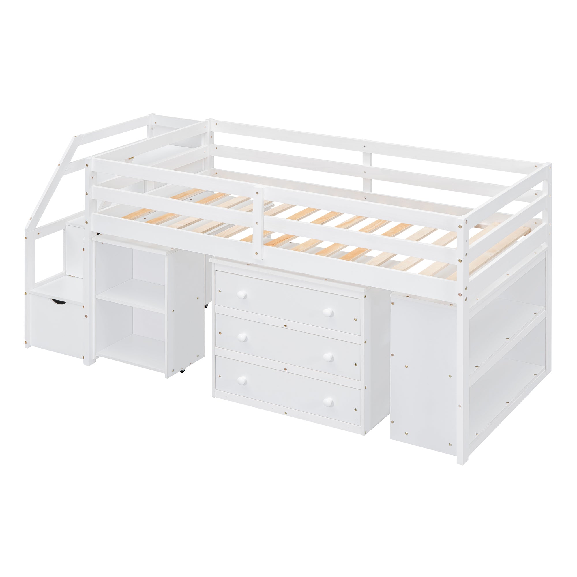Twin Size Loft Bed with Retractable Writing Desk and 3 Drawers, Wooden Loft Bed with Storage Stairs and Shelves, White - Atlantic Fine Furniture Melbourne FL
