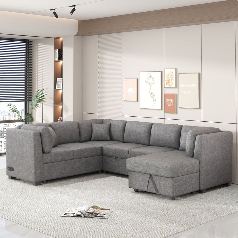 U-Shaped Sectional Sofa Pull Out Sofa Bed With Two USB Ports, Two Power Sockets, Three Back Pillows And A Storage Chaise For Living Room