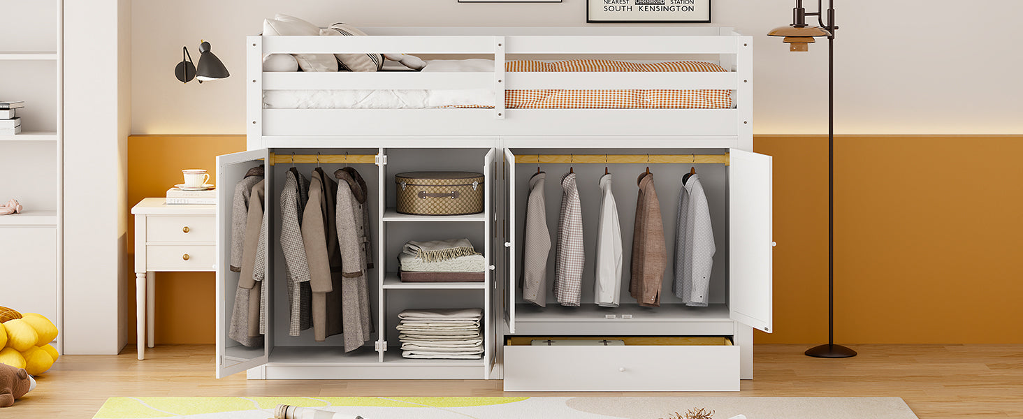Twin size Loft Bed with Drawer, Two Wardrobes and Mirror, White - Atlantic Fine Furniture Melbourne FL