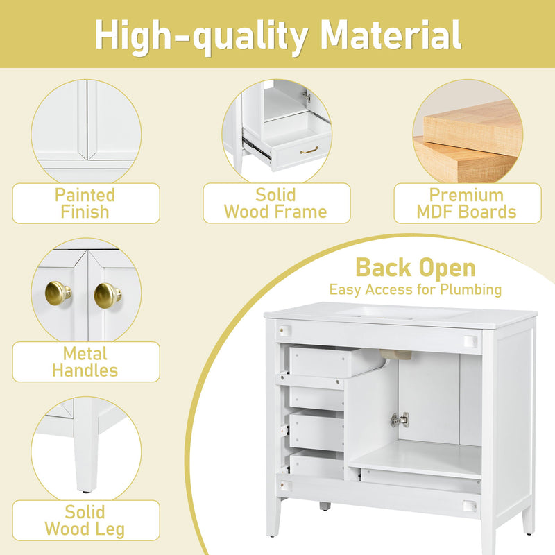 Elegant Vintage Bathroom Vanity With Sink And Soft Closing Door, 4 Drawers Of Different Sizes Frame