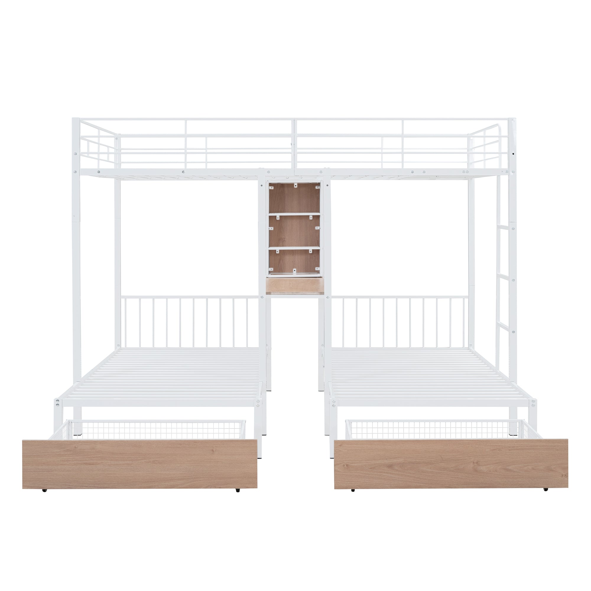 Full Over Twin & Twin Triple Bunk Bed with Drawers, Multi-functional Metal Frame Bed with desks and shelves in the middle, White - Atlantic Fine Furniture Melbourne FL