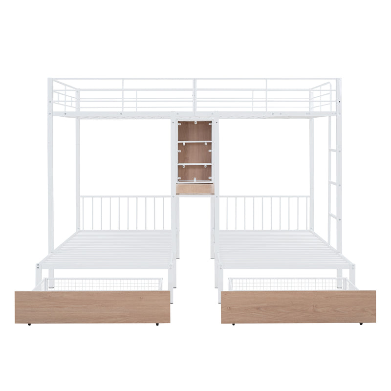 Full Over Twin & Twin Triple Bunk Bed with Drawers, Multi-functional Metal Frame Bed with desks and shelves in the middle, White