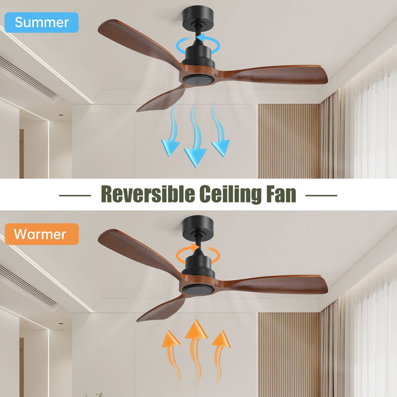 48" Ceiling Fan Without Light, 3 Solid Wood Blades Outdoor Ceiling Fan 6 - Speed Reversible DC Motor For Living Room - Black