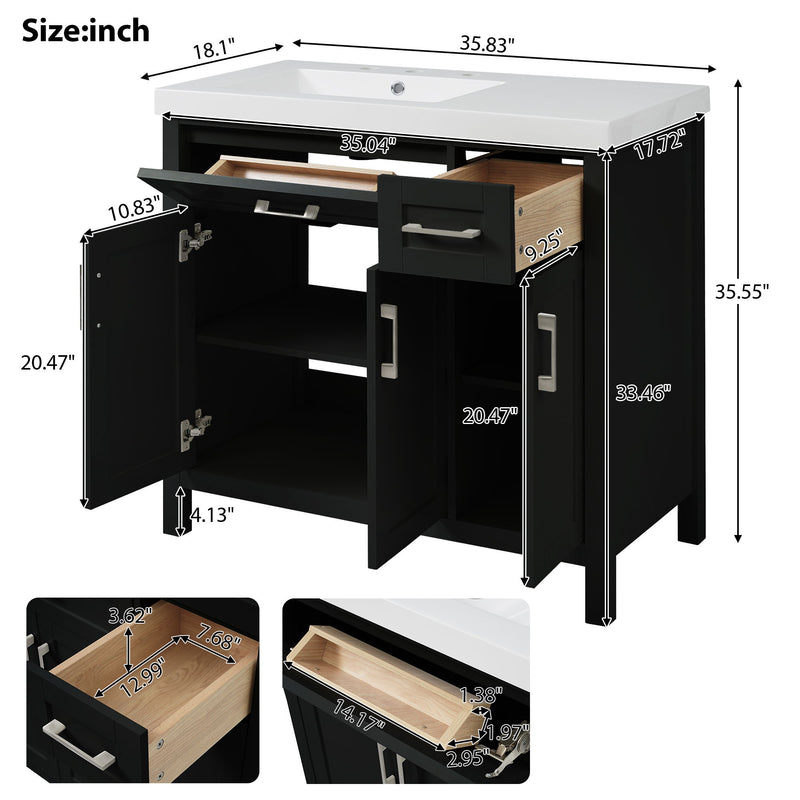 Bathroom Vanity Cabinet With Resin Integrated Sink - 2 Drawers, 3 Doors