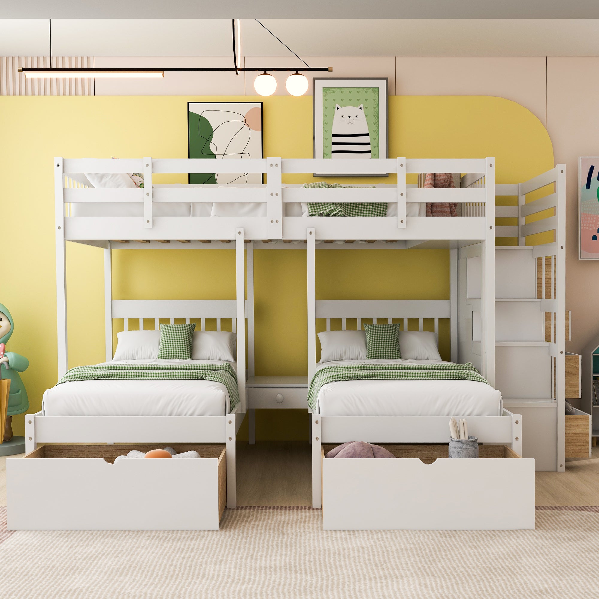 Full Over Twin & Twin Bunk Bed, Wood Triple Bunk Bed with Drawers and Guardrails (White) - Atlantic Fine Furniture Melbourne FL
