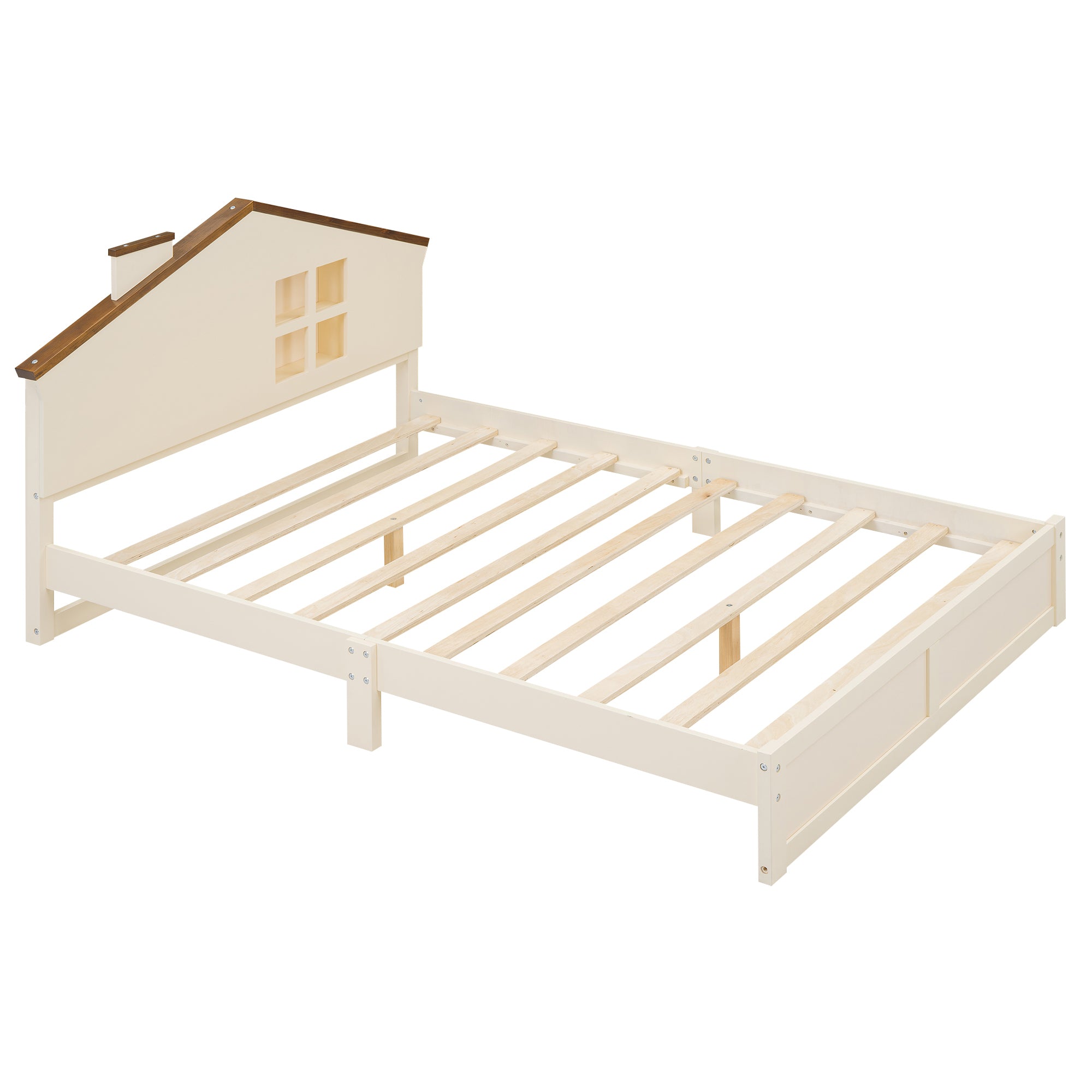 Full Size Wood Platform Bed with House-shaped Headboard and Built-in LED, Walnut+Milk White - Atlantic Fine Furniture Melbourne FL