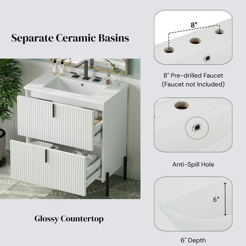 Fluted Bathroom Vanity With Ceramic Sink, Freestanding Design