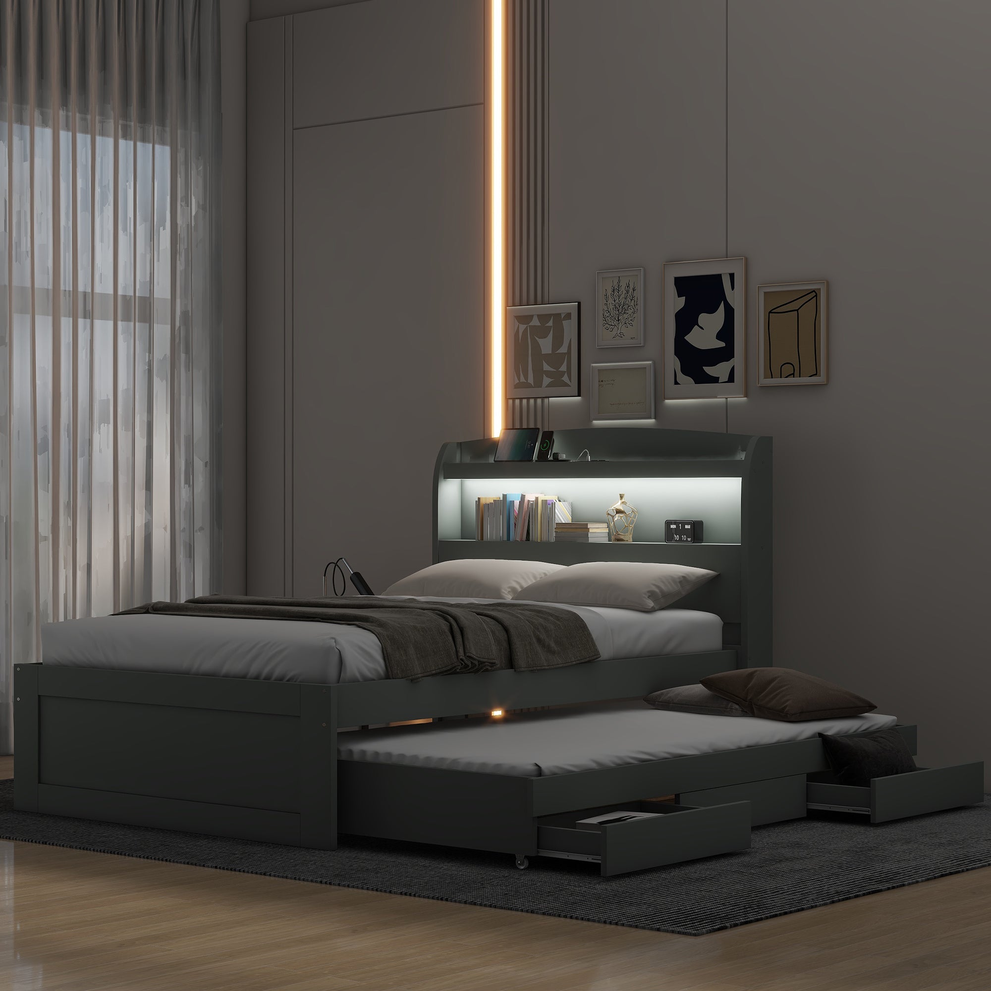 Twin XL Size Platform Bed with Storage LED Headboard, Charging Station, Twin Size Trundle and 2 Drawers, Gray - Atlantic Fine Furniture Melbourne FL