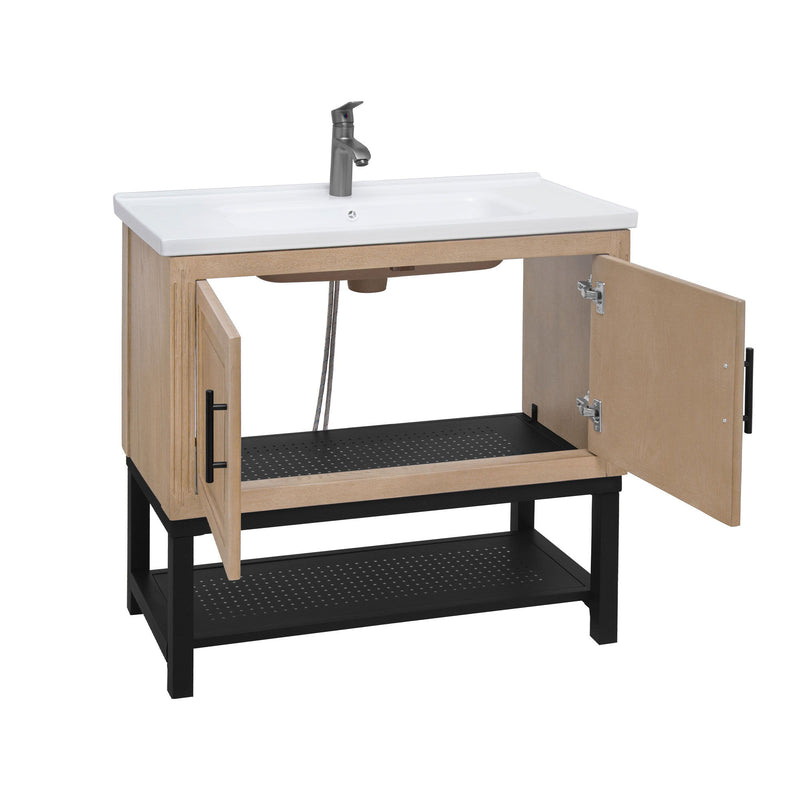 Modern Freestanding Bathroom Vanity With Ceramic Sink, Hot And Cold Faucet, Storage Cabinet & Open Shelf