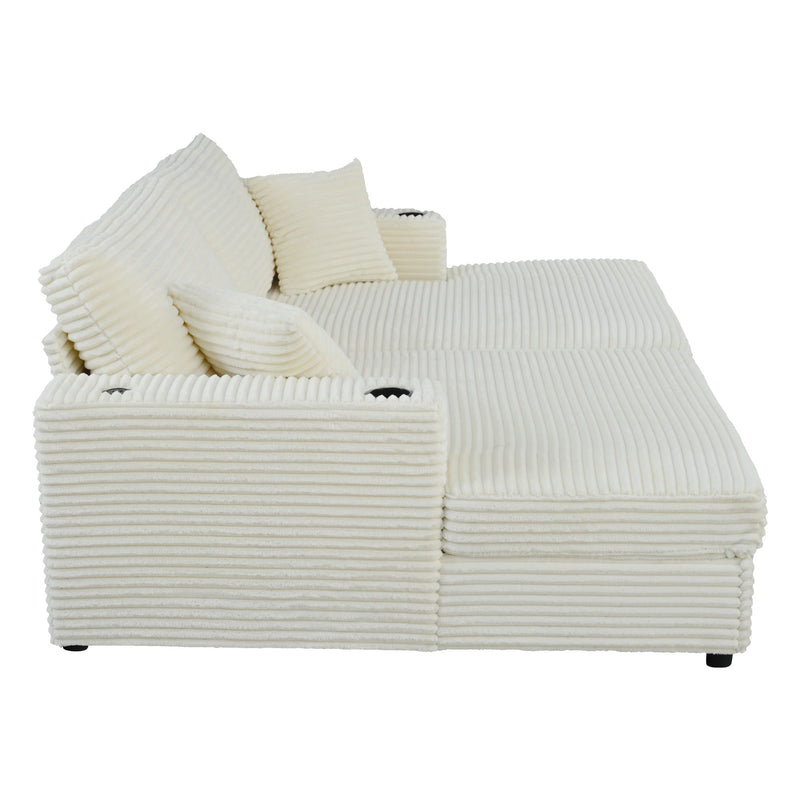 Oversized Loveseat Chaise With 2 USB Ports, 2 Cup Holders And 2 Throw Pillows