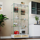 Glass Display Cabinet With LED Lights, Tempered Glass Doors, Large Drawers, 2 Door Storage Case With 4 Shelves - Natural / White