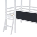 Twin Size Loft Bed with Ladder and Slide, House Bed with Blackboard and Light Strip on the Roof, White