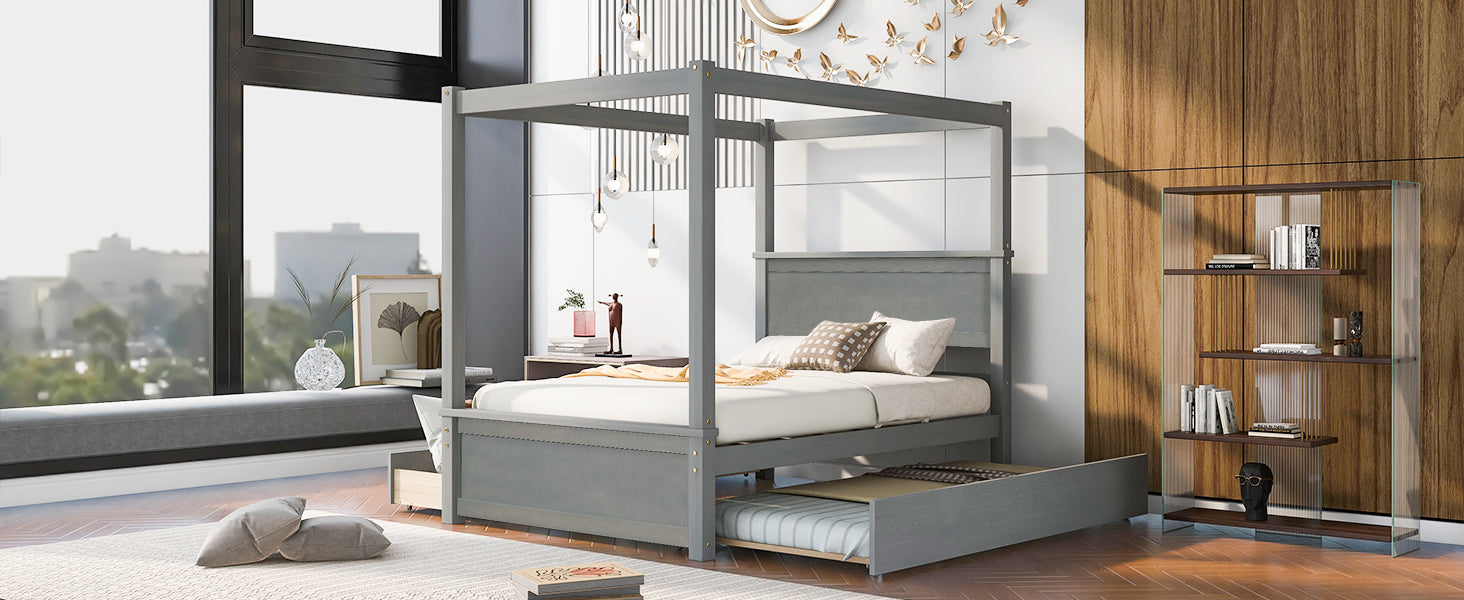 Wood Canopy Bed with Trundle Bed and two Drawers ,Full Size Canopy Platform bed With Support Slats .No Box Spring Needed, Brushed Gray - Atlantic Fine Furniture Melbourne FL