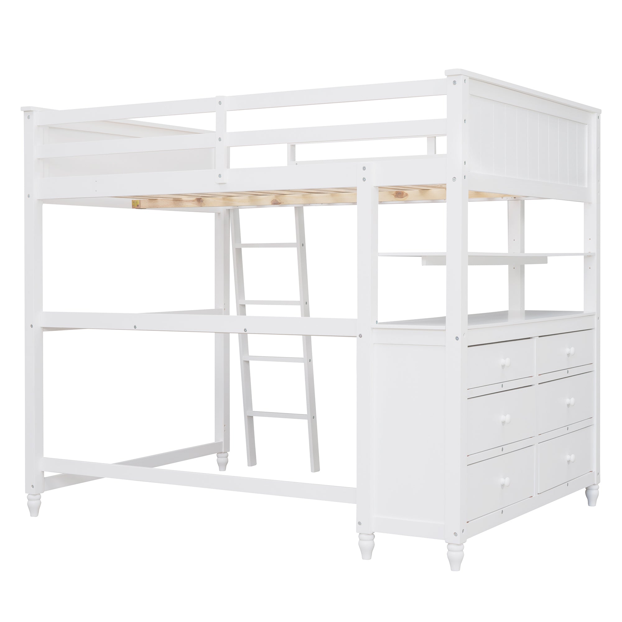 Full size Loft Bed with Drawers and Desk, Wooden Loft Bed with Shelves - White(OLD SKU:LT001529AAK) - Atlantic Fine Furniture Melbourne FL