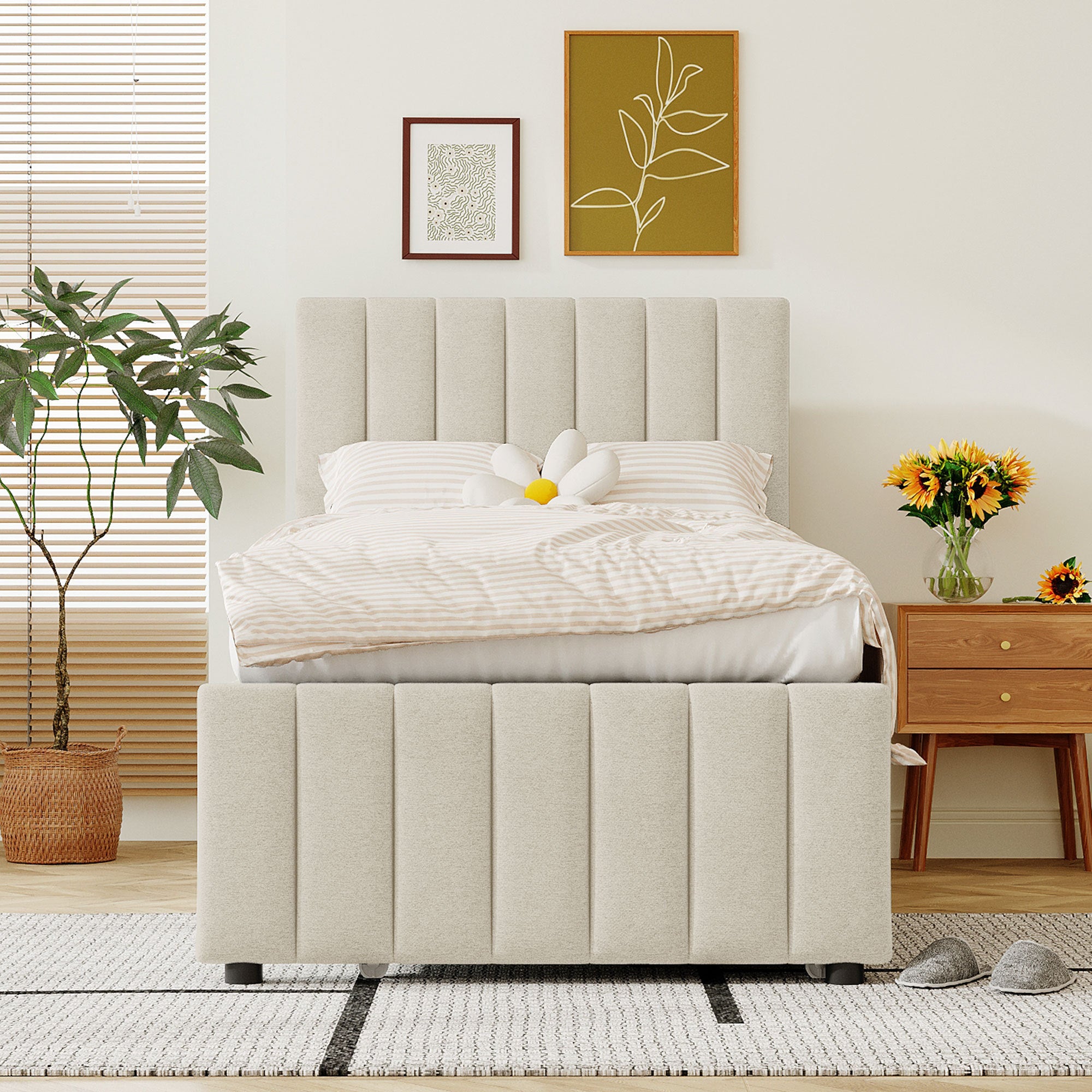 Twin Size Upholstered Platform Bed with Trundle and 3 Drawers, Linen Fabric, Beige - Atlantic Fine Furniture Melbourne FL