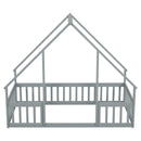 Twin Wood House-Shaped Floor Bed with Fence, Guardrails ,Grey