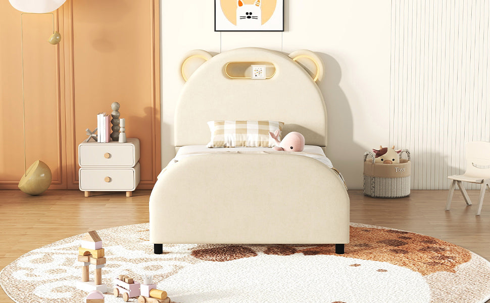 Twin Size Upholstered Platform Bed with Bear-Shaped Headboard and Embedded Light Stripe, Velvet, Beige - Atlantic Fine Furniture Melbourne FL