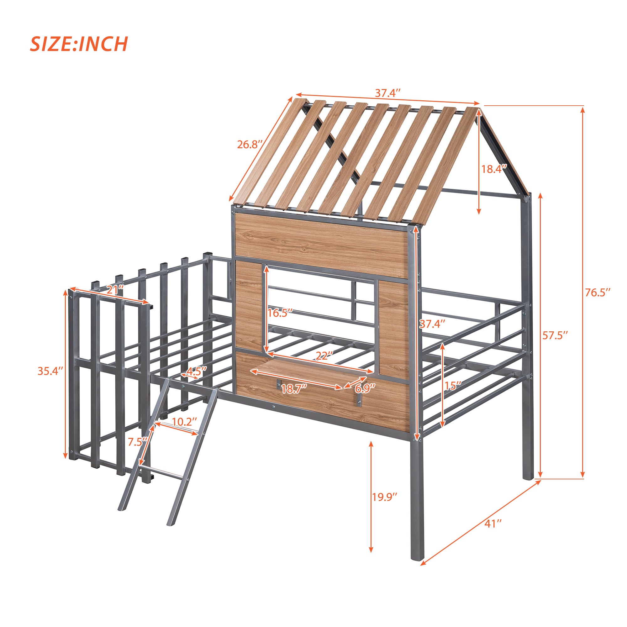 Metal Twin size Loft Bed with Roof, Window, Guardrail, Ladder Silver - Atlantic Fine Furniture Melbourne FL