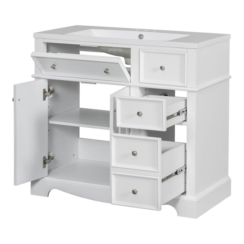 Bathroom Vanity With Resin Sink Combo, Frame Bathroom Storage Cabinet, Freestanding Vanity Set With 3 Drawers & Adjustable Shelf - White