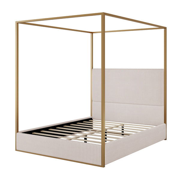 Luxury Canopy Bed With Plush Corduroy Upholstered Headboard