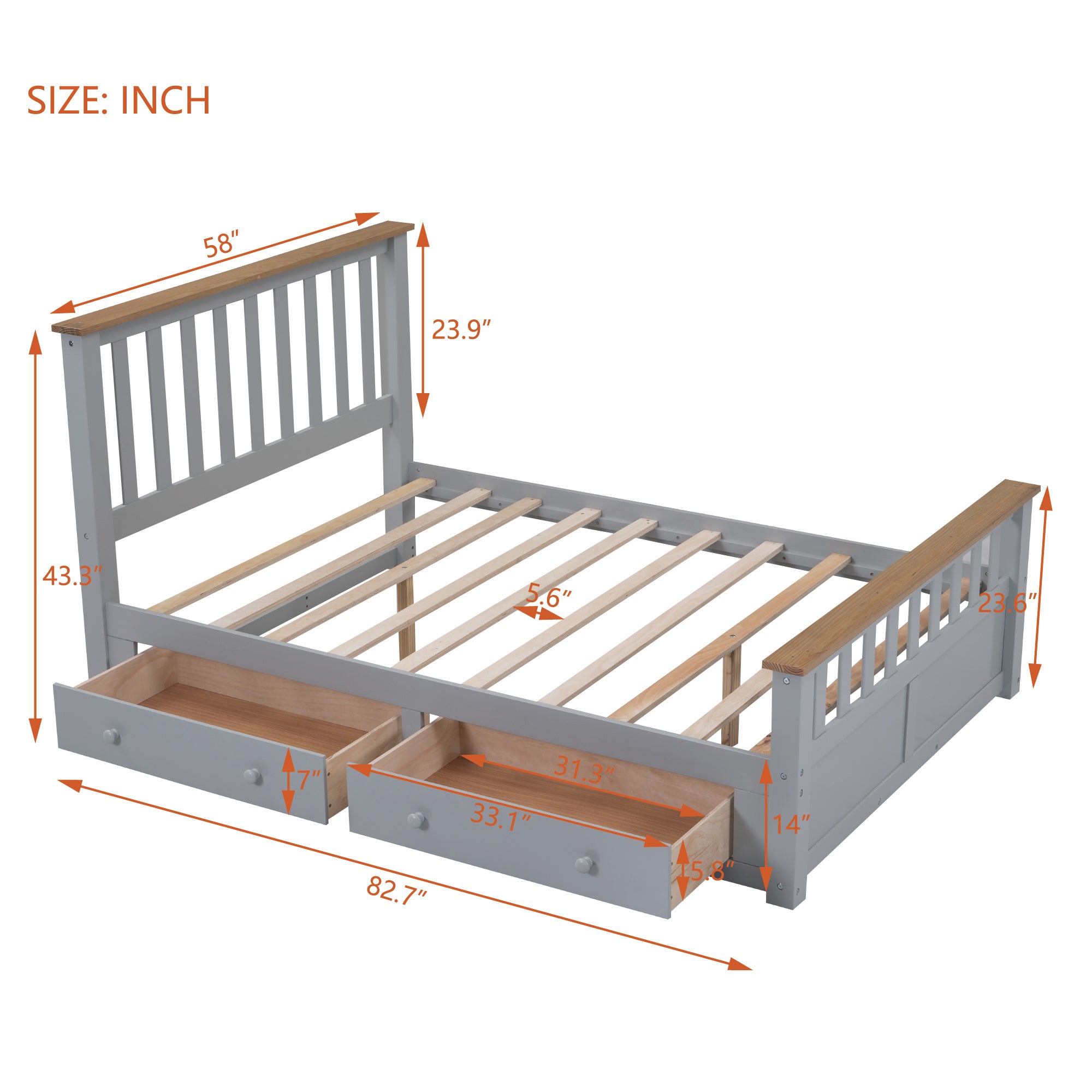 Full Size Wood Platform Bed with Two Drawers and Wooden Slat Support,Gray+Natrual - Atlantic Fine Furniture Melbourne FL