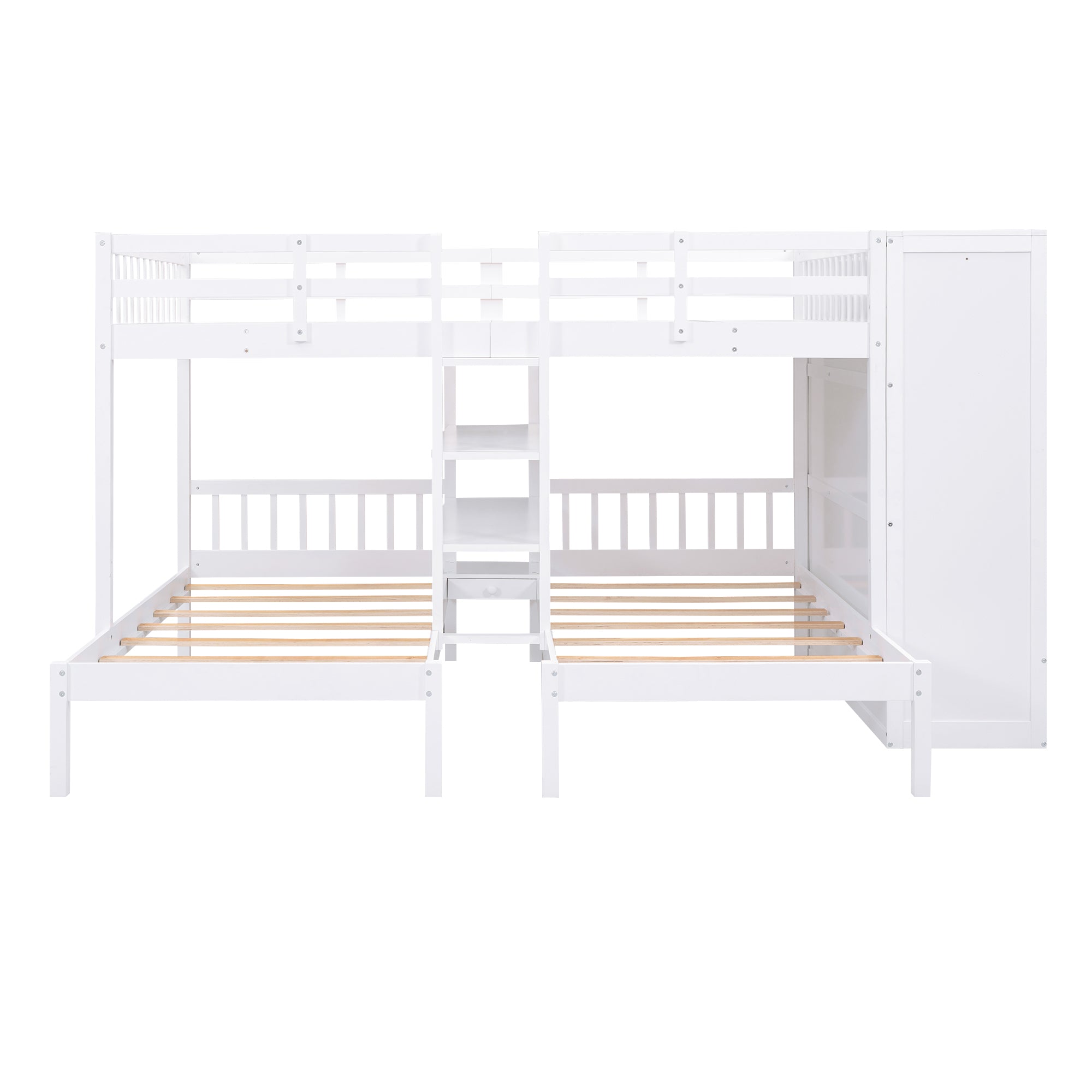 Full-Over-Twin-Twin Bunk Bed with Shelves, Wardrobe and Mirror, White - Atlantic Fine Furniture Melbourne FL