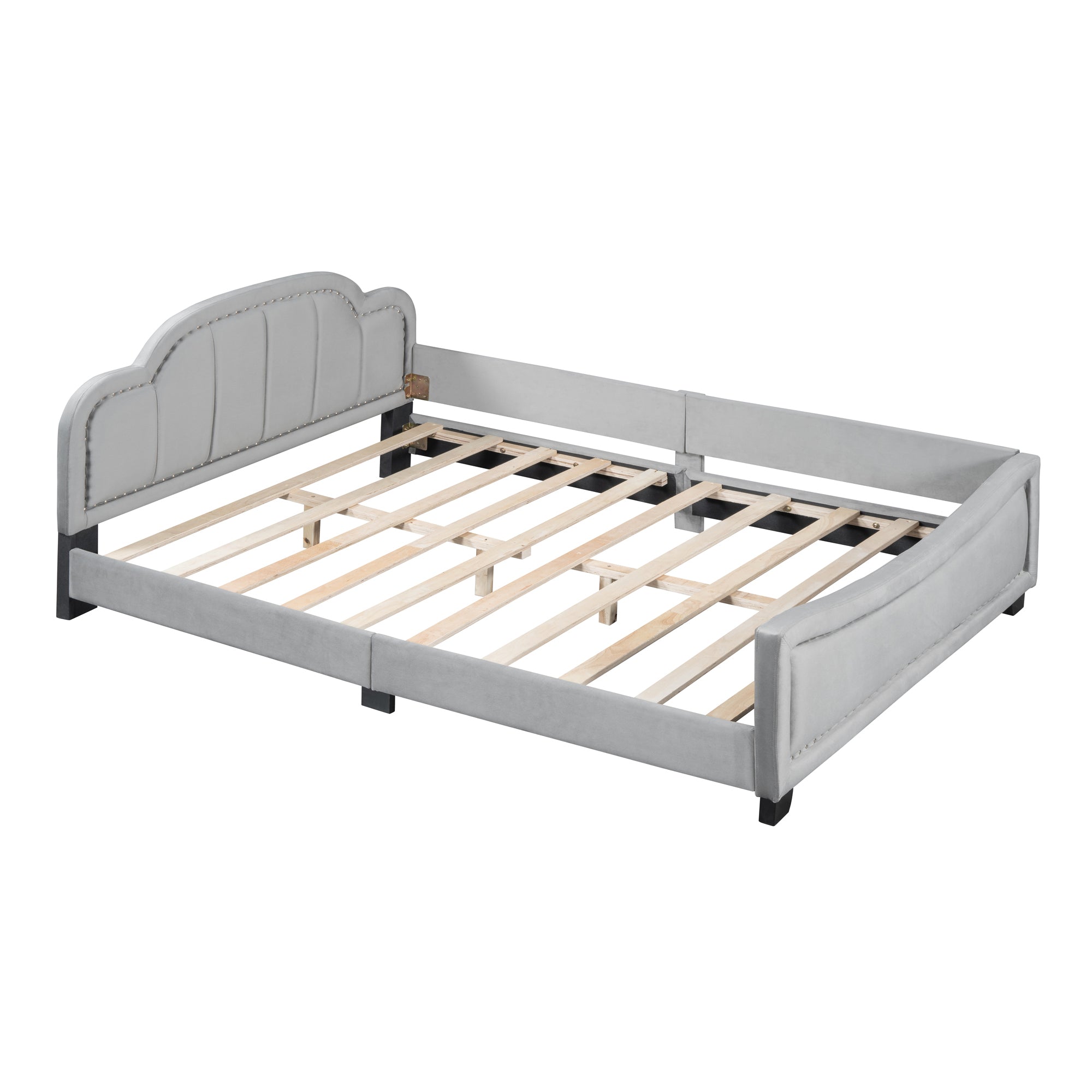 Full Size Upholstered Daybed with Cloud Shaped Headboard, Embedded Elegant Copper Nail Design, Gray - Atlantic Fine Furniture Melbourne FL