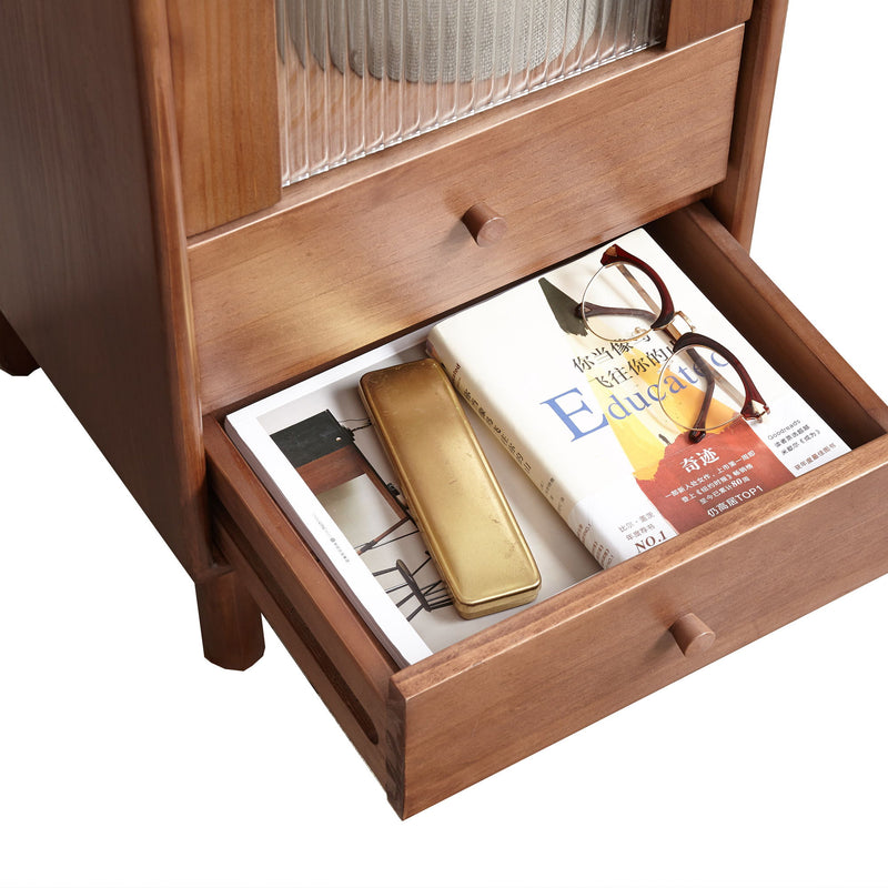 Free-Standing Corner Cabinets Storage Table With Vintage Glass Door, 2 Shelves, 2 Drawers And Brass Handle - Walnut