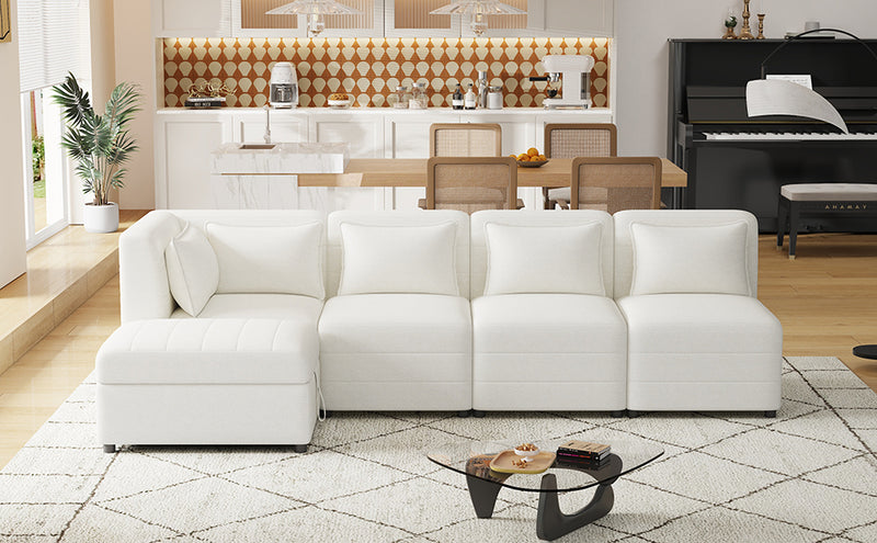 Free-Combined Sectional Sofa 5-seater Modular Couches with Storage Ottoman, 5 Pillows for Living Room, Bedroom, Office, Cream