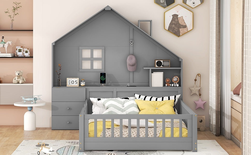 Full Size House Bed with Window and Bedside Drawers, Platform Bed with Shelves and a set of Sockets and USB Port, Gray