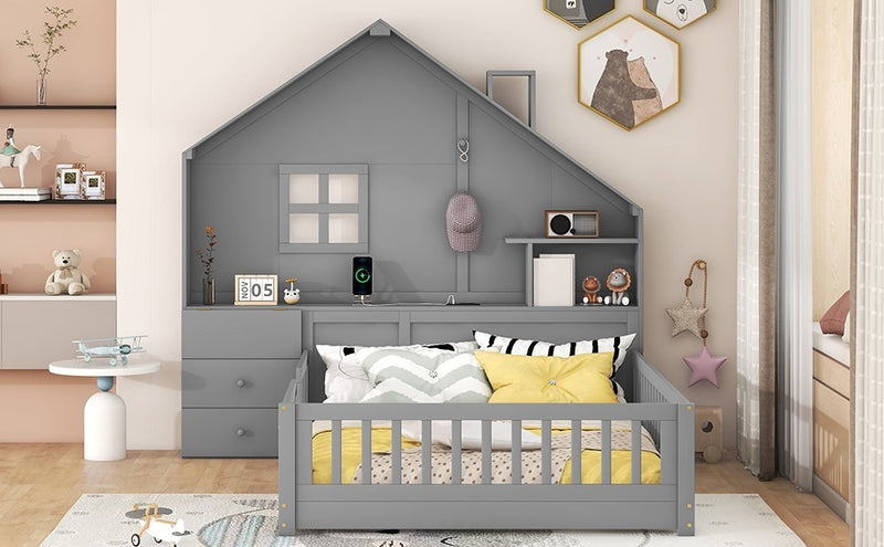 Full Size House Bed with Window and Bedside Drawers, Platform Bed with Shelves and a set of Sockets and USB Port, Gray