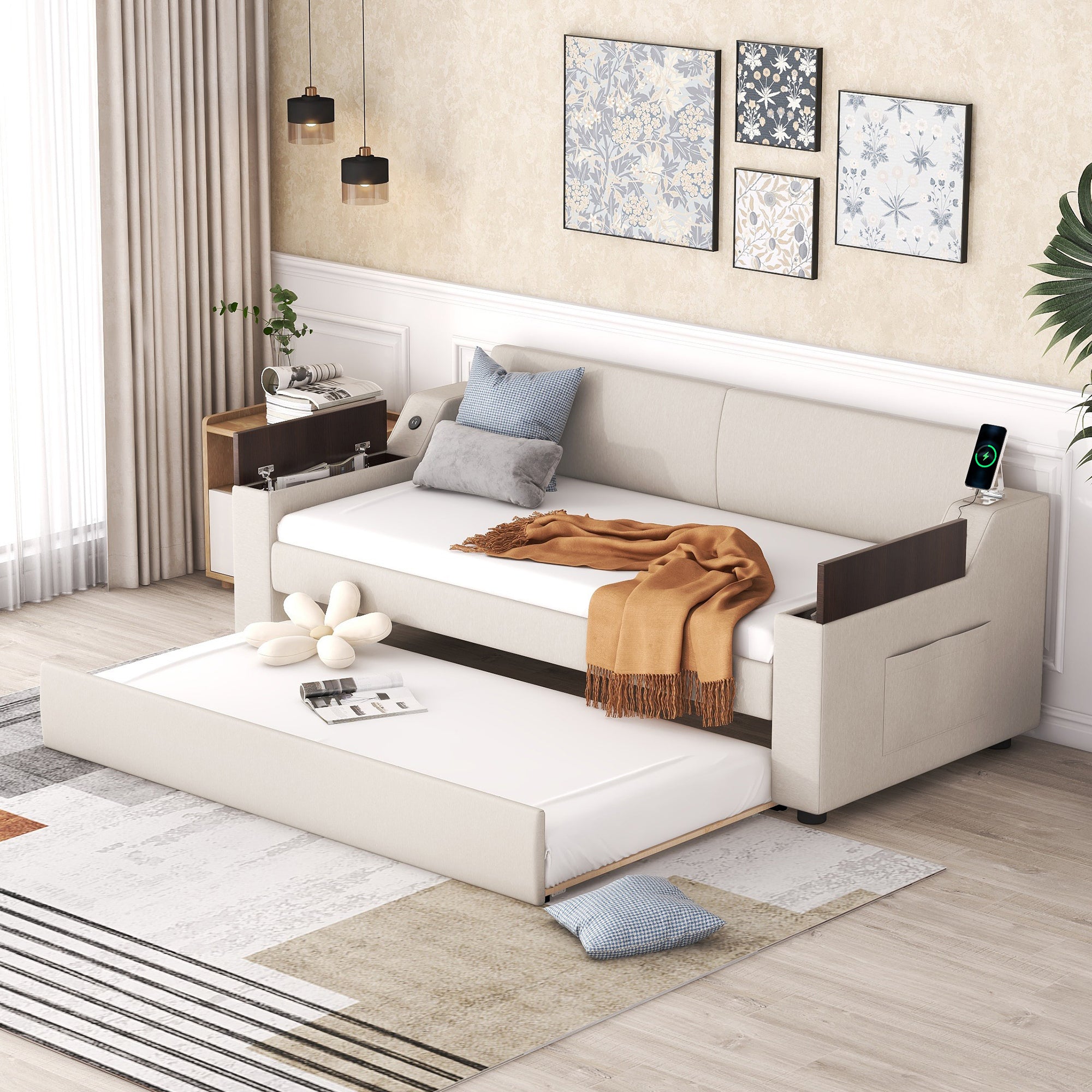 Twin Size Upholstery Daybed with Storage Arms, Trundle and USB Design, Beige - Atlantic Fine Furniture Melbourne FL