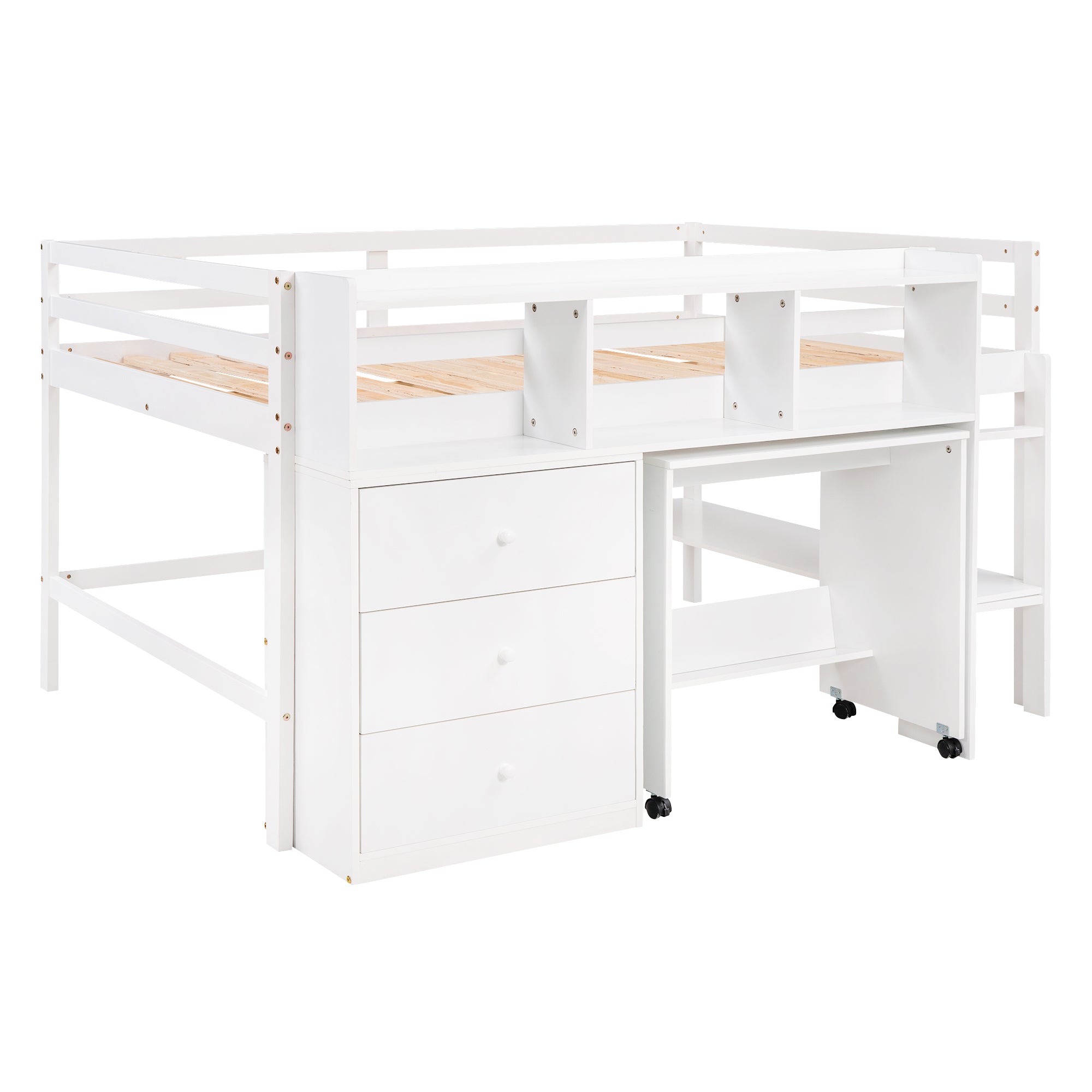 Full Size Low Loft Bed with Rolling Portable Desk, Drawers and Shelves, White(Old SKU: GX000711AAK)