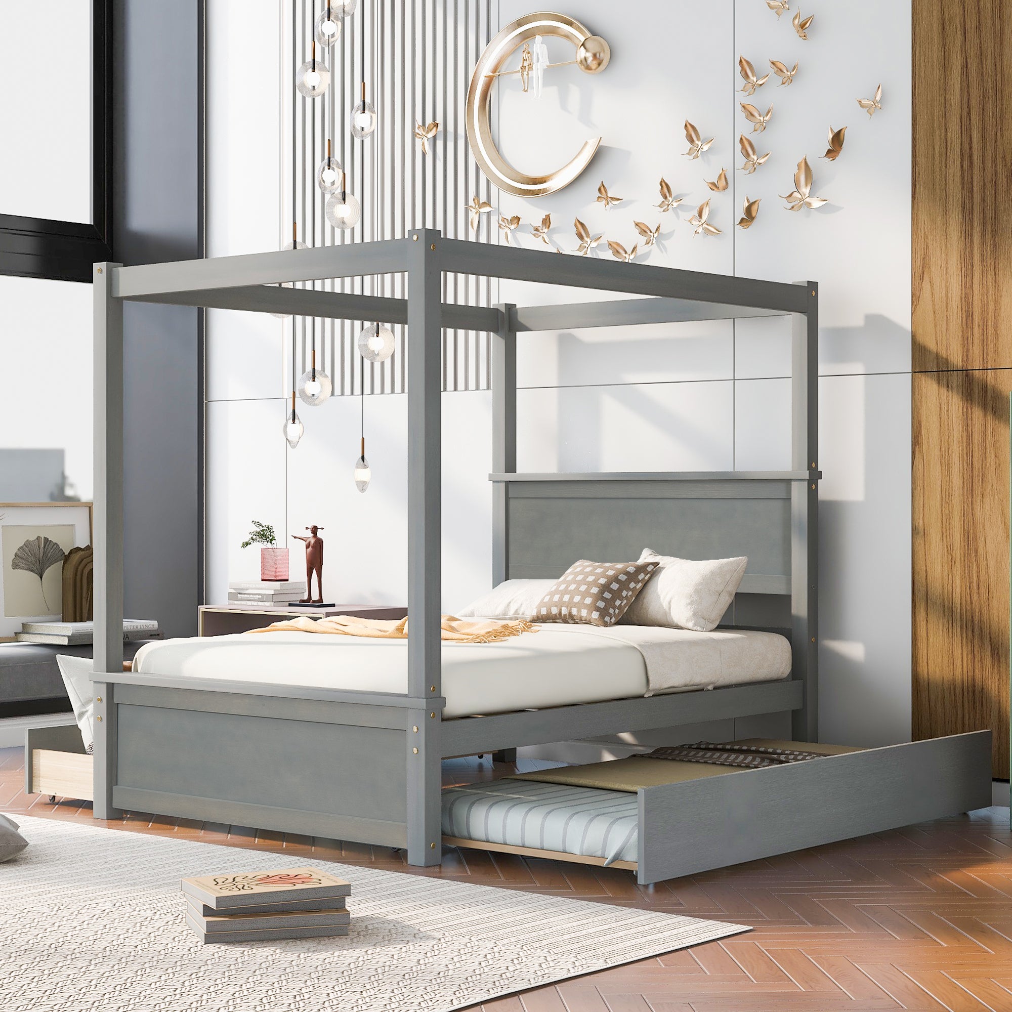 Wood Canopy Bed with Trundle Bed and two Drawers ,Full Size Canopy Platform bed With Support Slats .No Box Spring Needed, Brushed Gray - Atlantic Fine Furniture Melbourne FL