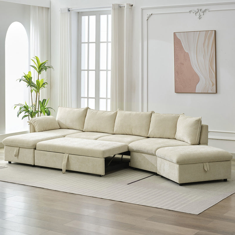 L-Shaped Sofa Sectional Sofa Couch Pull-Out Sofa Bed With A Movable Storage Ottoman, A Storage Chaise Lounge And Two USB Ports For Living Room