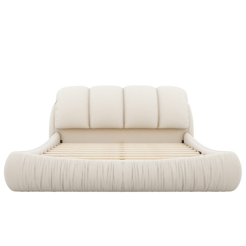King Size Luxury Upholstered Bed with Thick Headboard, Velvet King Bed with Oversized Padded Backrest, Beige(Expect Arrive date 2024/3/12)