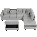 Modern Sectional Sofa With Storage Ottoman, L - Shape Couch With 2 Pillows And Cup Holders
