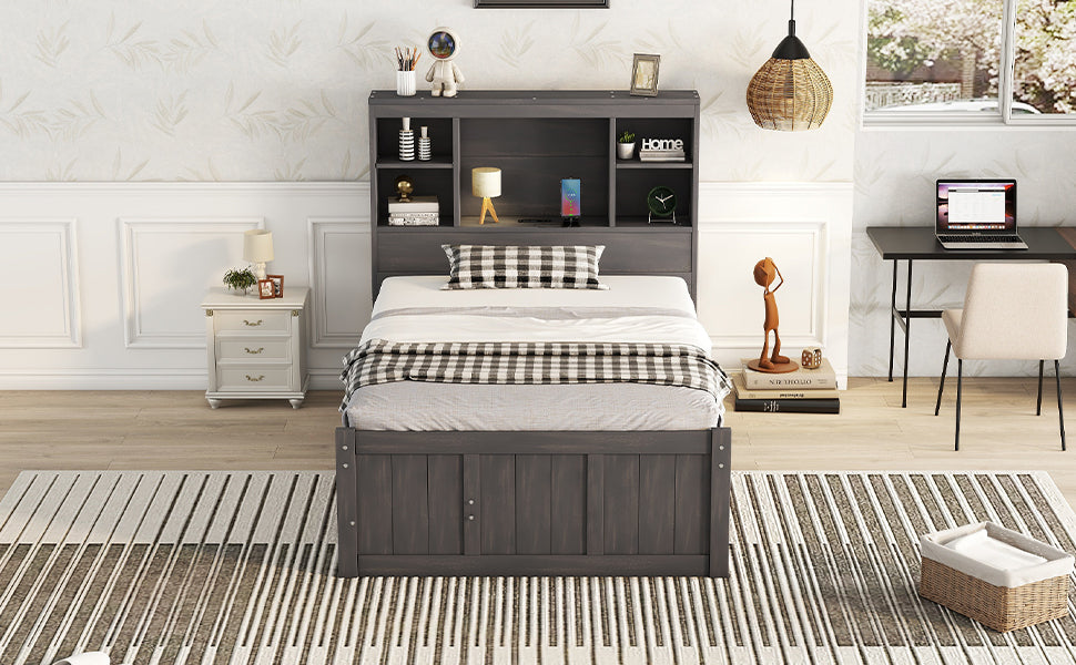 Twin Size Platform Bed with Storage Headboard, Charging Station, Twin Size Trundle and 3 Drawers, Antique Brown - Atlantic Fine Furniture Melbourne FL