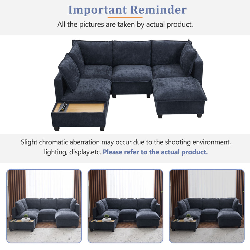 U-Shaped Sectional Modular Sofa With A Movable Ottoman, A Coffee Table With Hidden Charging Devices For Living Room