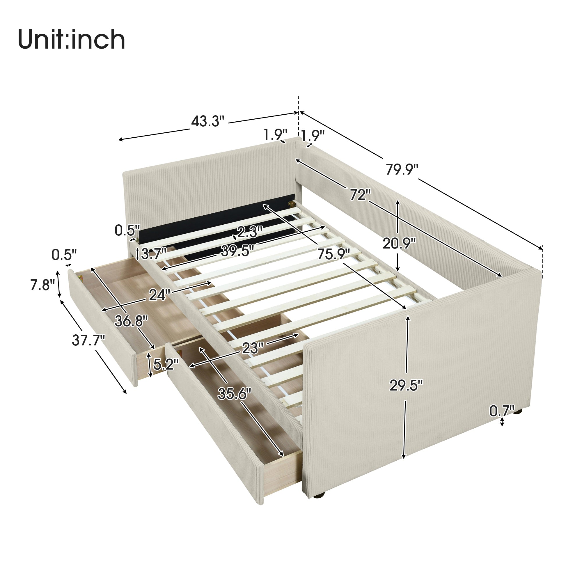 Twin Size Corduroy Daybed with Two Drawers and Wood Slat, Beige - Atlantic Fine Furniture Melbourne FL