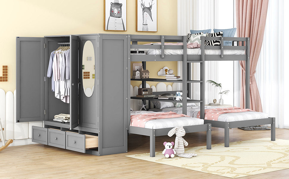 Full-Over-Twin-Twin Bunk Bed with Shelves, Wardrobe and Mirror, Gray - Atlantic Fine Furniture Melbourne FL