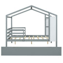 Full Size Wood House Bed with Fence and Writing Board, Gray