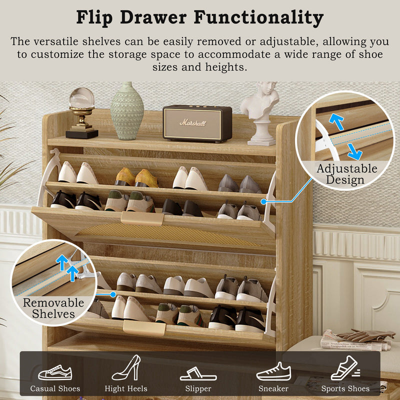 Shoe Storage Cabinet Rattan Shoe Storage Organizer With 2 Flip Drawers, A Storage Drawer And A Bench For Entryway, And Hallway - Light Brown