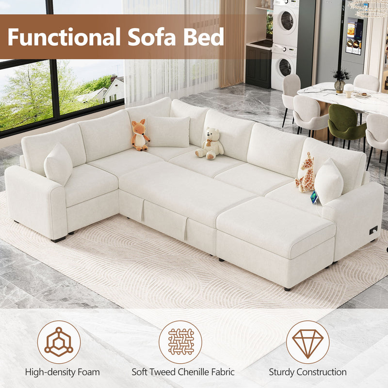 Sectional Sofa Pull-Out Sofa Bed Sleeper With A Storage Ottoman, Three Pillows And Charging Devices For Living Room