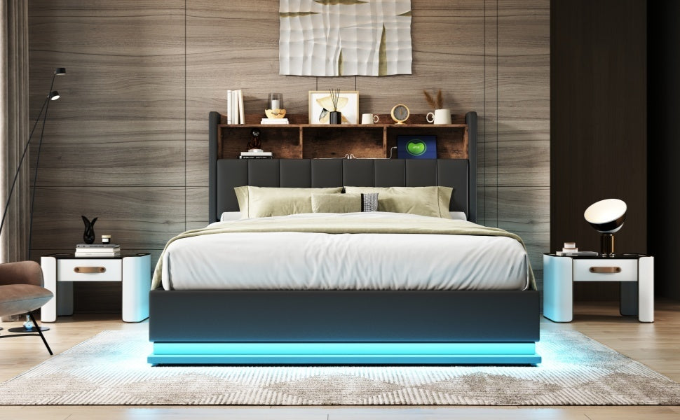 Queen Size  Upholstered Platform Bed with Storage Headboard and Hydraulic Storage System, PU Storage Bed with LED Lights and USB charger, Black - Atlantic Fine Furniture Melbourne FL